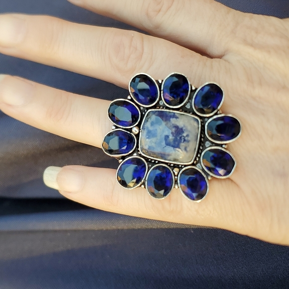 New Oversized Sodalite & Blue Topaz 925 Silver Statement Ring. - Picture 5 of 15